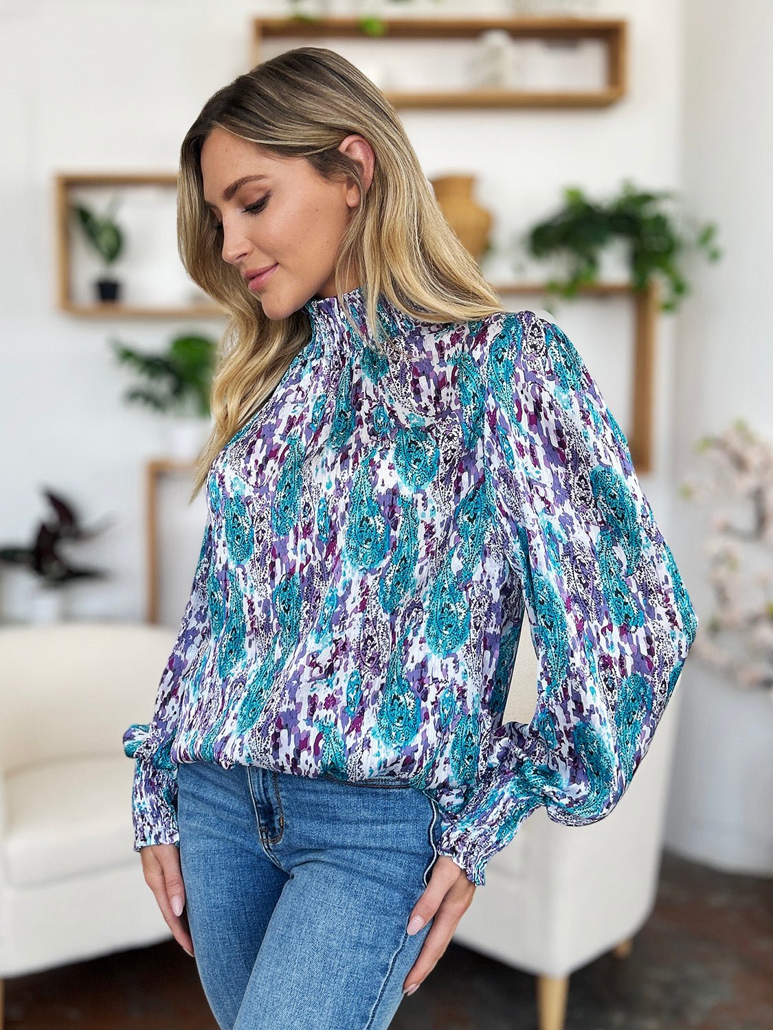 Double Take Full Size Printed Smocked Long Sleeve Blouse - Bella Blue Styles