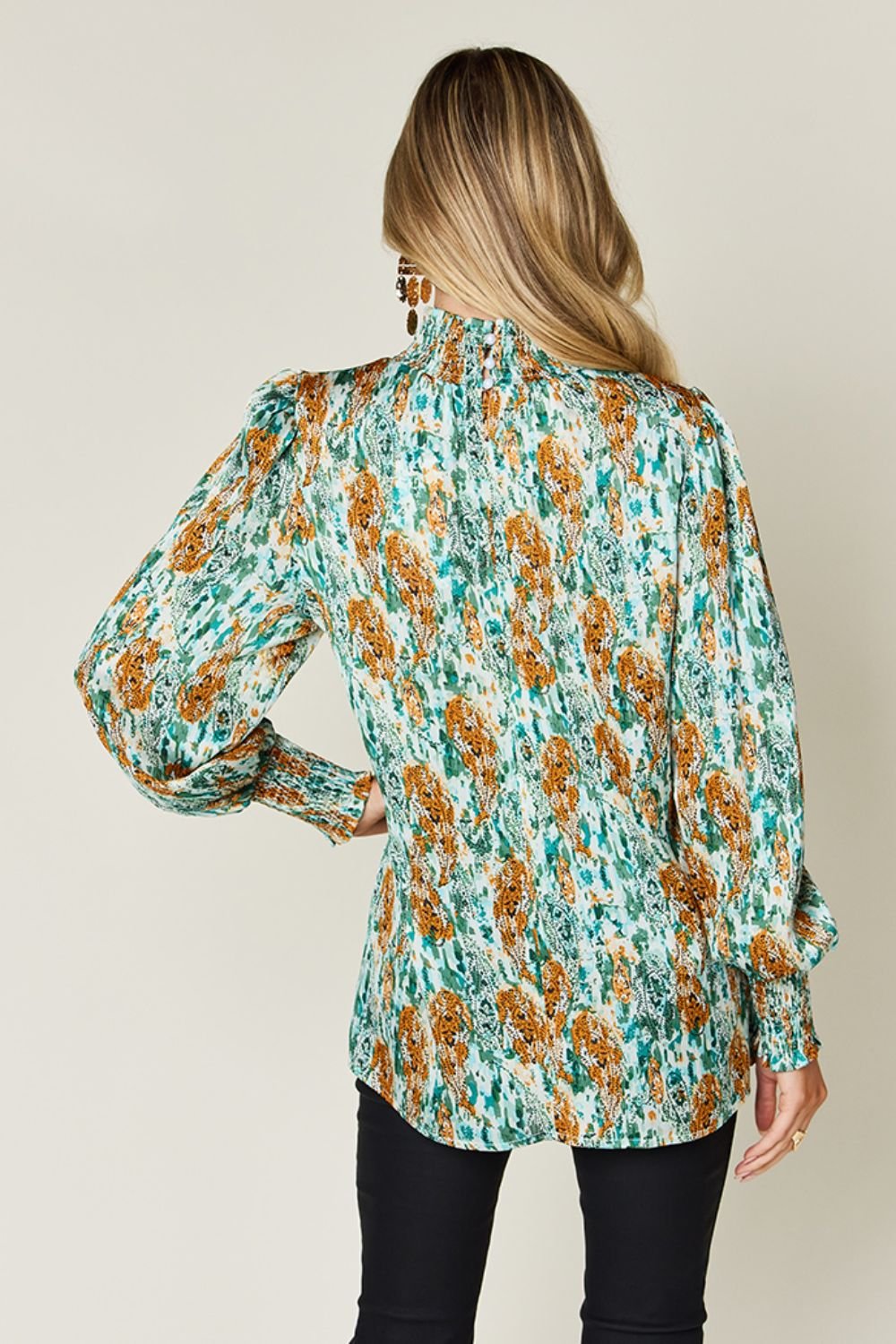 Double Take Full Size Printed Smocked Long Sleeve Blouse - Bella Blue Styles