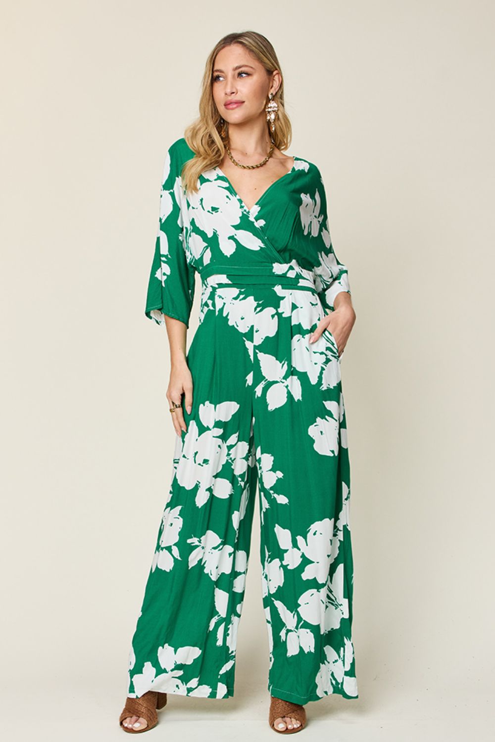Double Take Full Size Printed Tie Back Wide Leg Jumpsuit - Bella Blue Styles
