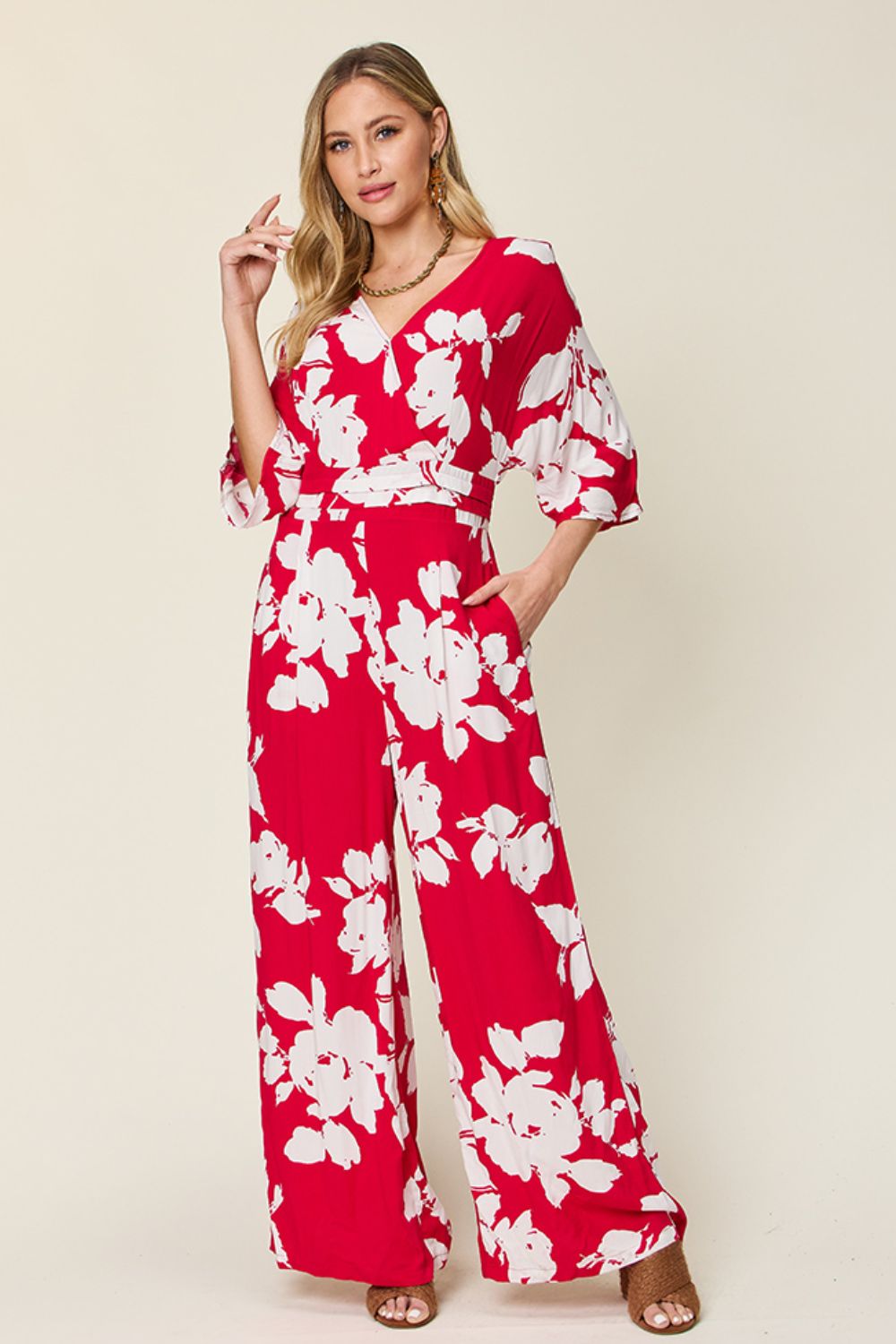 Double Take Full Size Printed Tie Back Wide Leg Jumpsuit - Bella Blue Styles