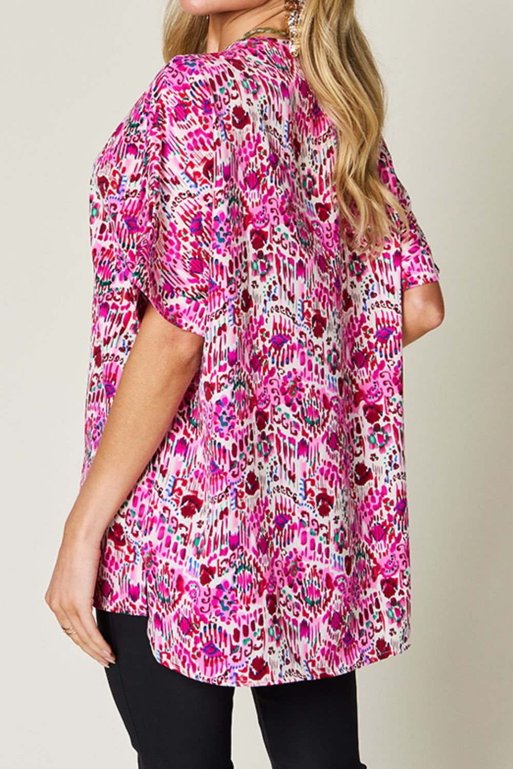 Double Take Full Size Printed V - Neck Short Sleeve Blouse - Bella Blue Styles