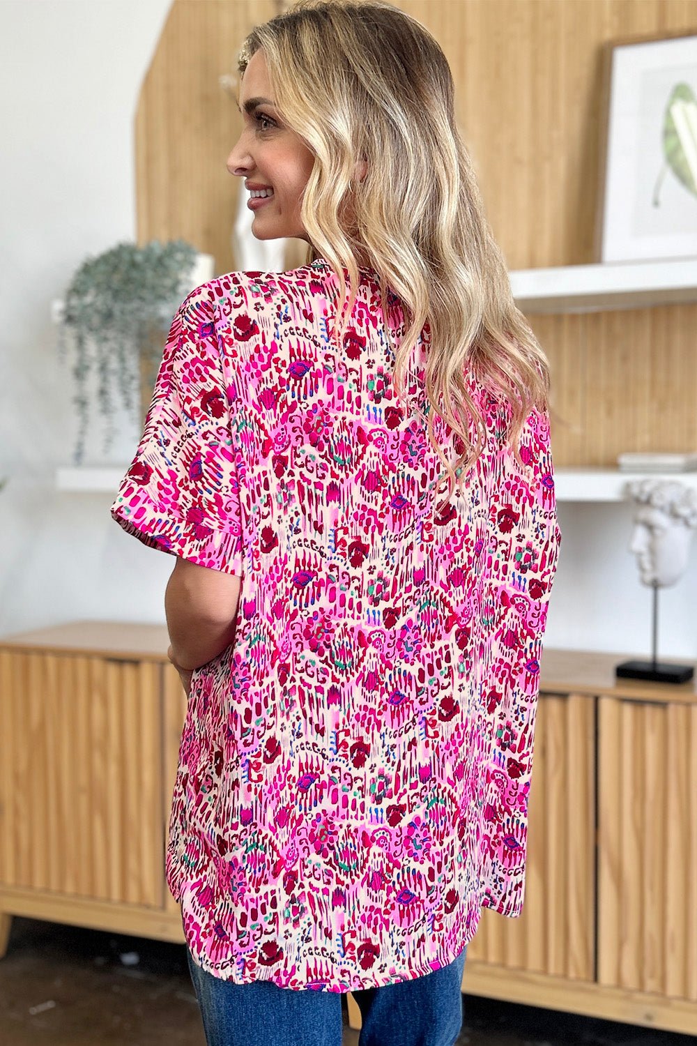 Double Take Full Size Printed V - Neck Short Sleeve Blouse - Bella Blue Styles