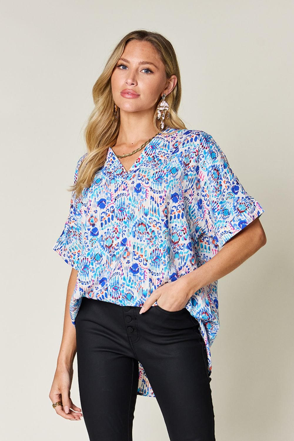 Double Take Full Size Printed V - Neck Short Sleeve Blouse - Bella Blue Styles