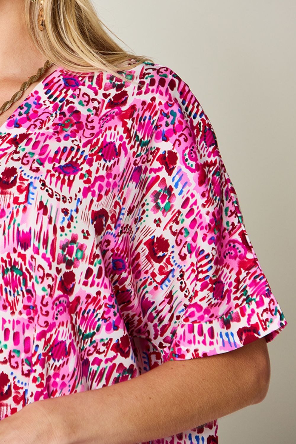 Double Take Full Size Printed V - Neck Short Sleeve Blouse - Bella Blue Styles