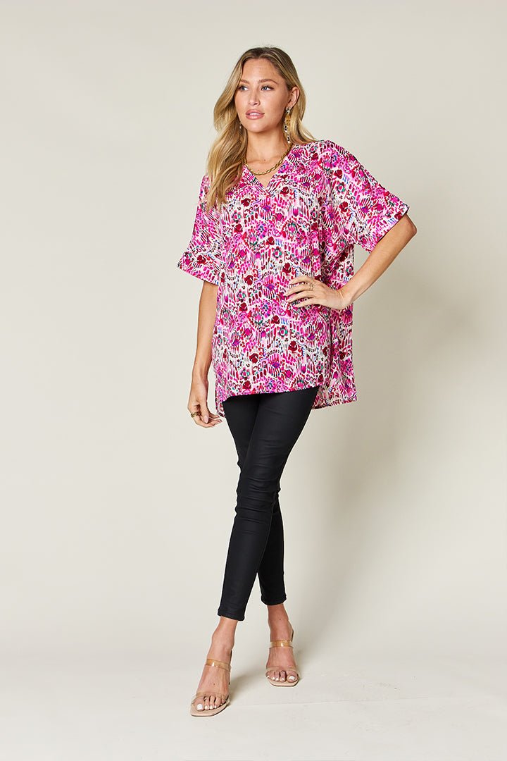 Double Take Full Size Printed V - Neck Short Sleeve Blouse - Bella Blue Styles
