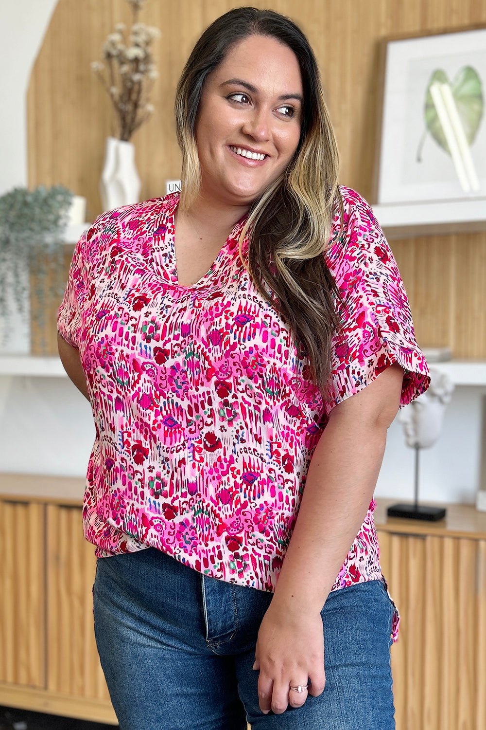 Double Take Full Size Printed V - Neck Short Sleeve Blouse - Bella Blue Styles