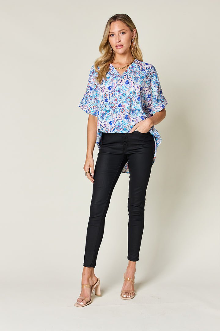 Double Take Full Size Printed V - Neck Short Sleeve Blouse - Bella Blue Styles