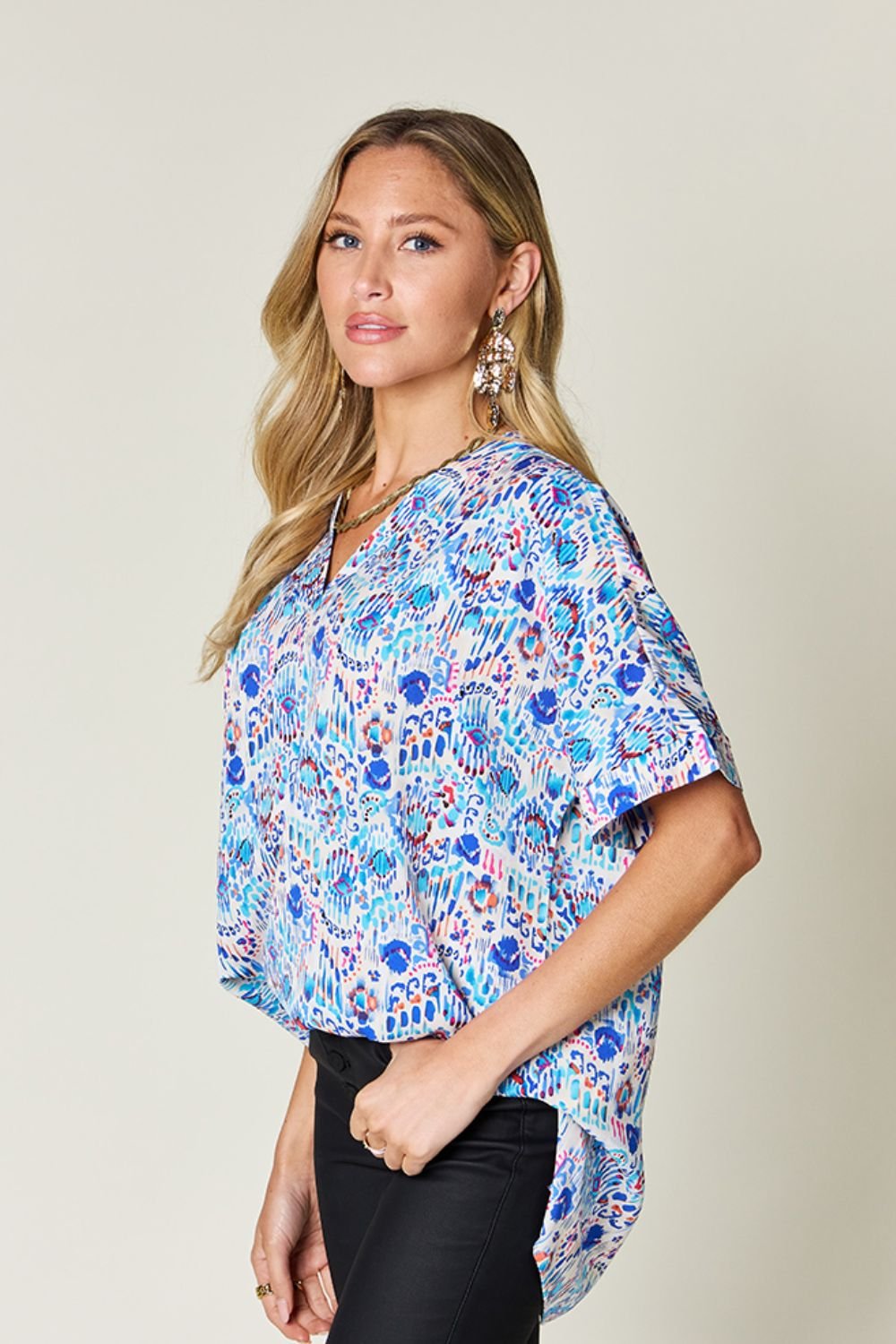 Double Take Full Size Printed V - Neck Short Sleeve Blouse - Bella Blue Styles