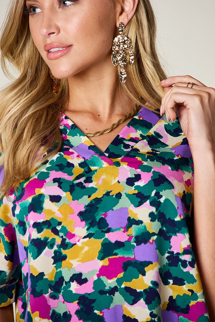 Double Take Full Size Printed V - Neck Short Sleeve Side Slit Top - Bella Blue Styles