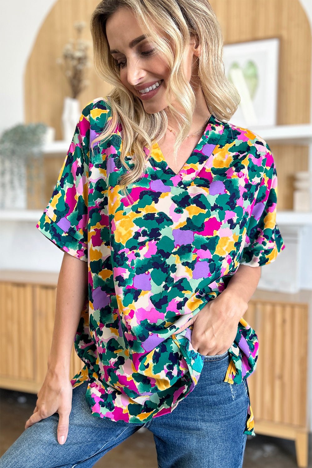 Double Take Full Size Printed V - Neck Short Sleeve Side Slit Top - Bella Blue Styles