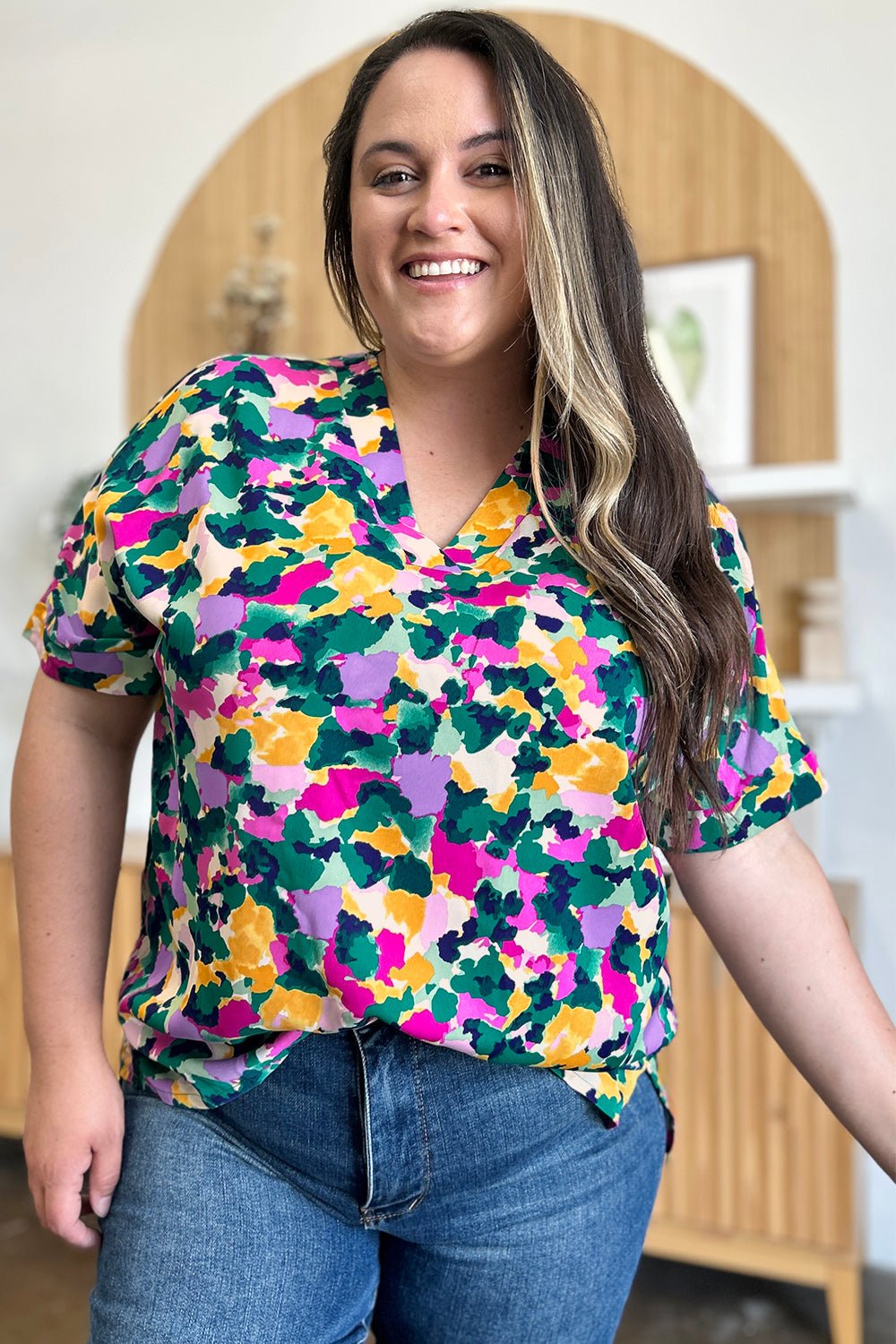 Double Take Full Size Printed V - Neck Short Sleeve Side Slit Top - Bella Blue Styles