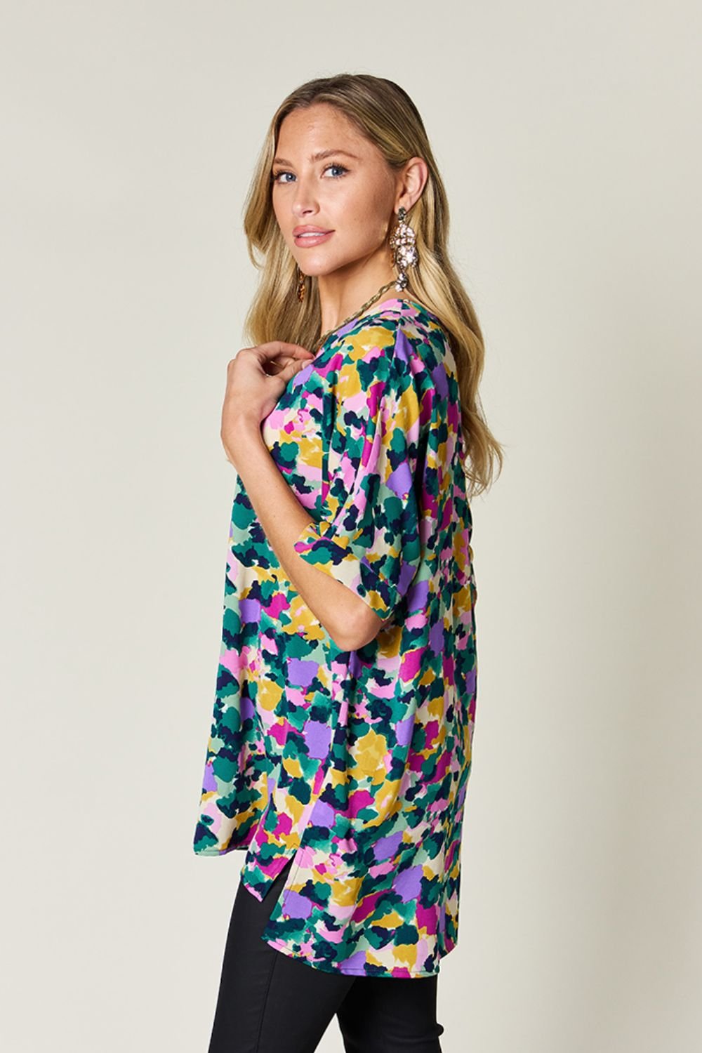 Double Take Full Size Printed V - Neck Short Sleeve Side Slit Top - Bella Blue Styles