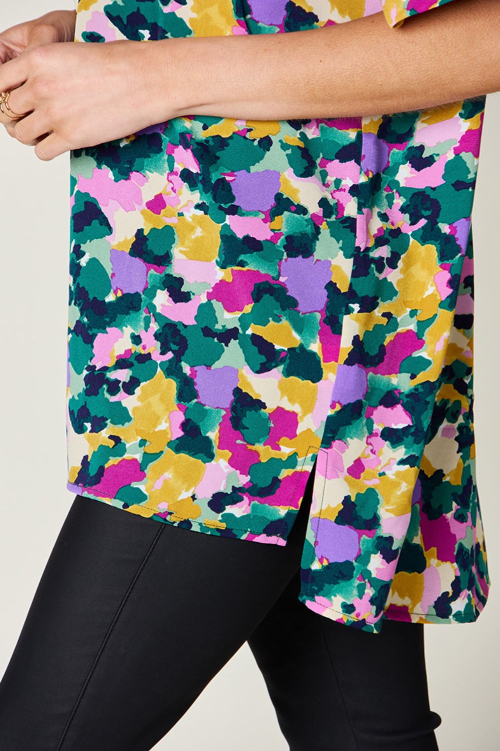 Double Take Full Size Printed V - Neck Short Sleeve Side Slit Top - Bella Blue Styles