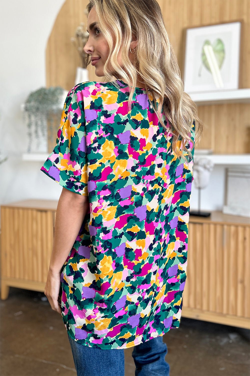 Double Take Full Size Printed V - Neck Short Sleeve Side Slit Top - Bella Blue Styles