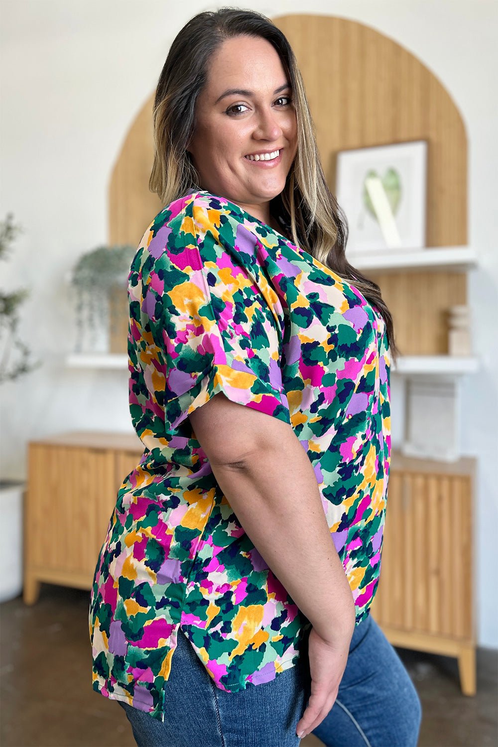 Double Take Full Size Printed V - Neck Short Sleeve Side Slit Top - Bella Blue Styles