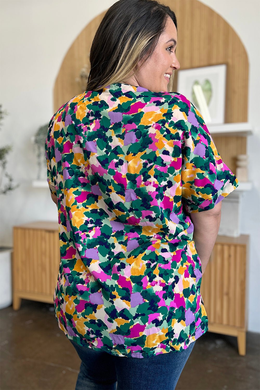 Double Take Full Size Printed V - Neck Short Sleeve Side Slit Top - Bella Blue Styles