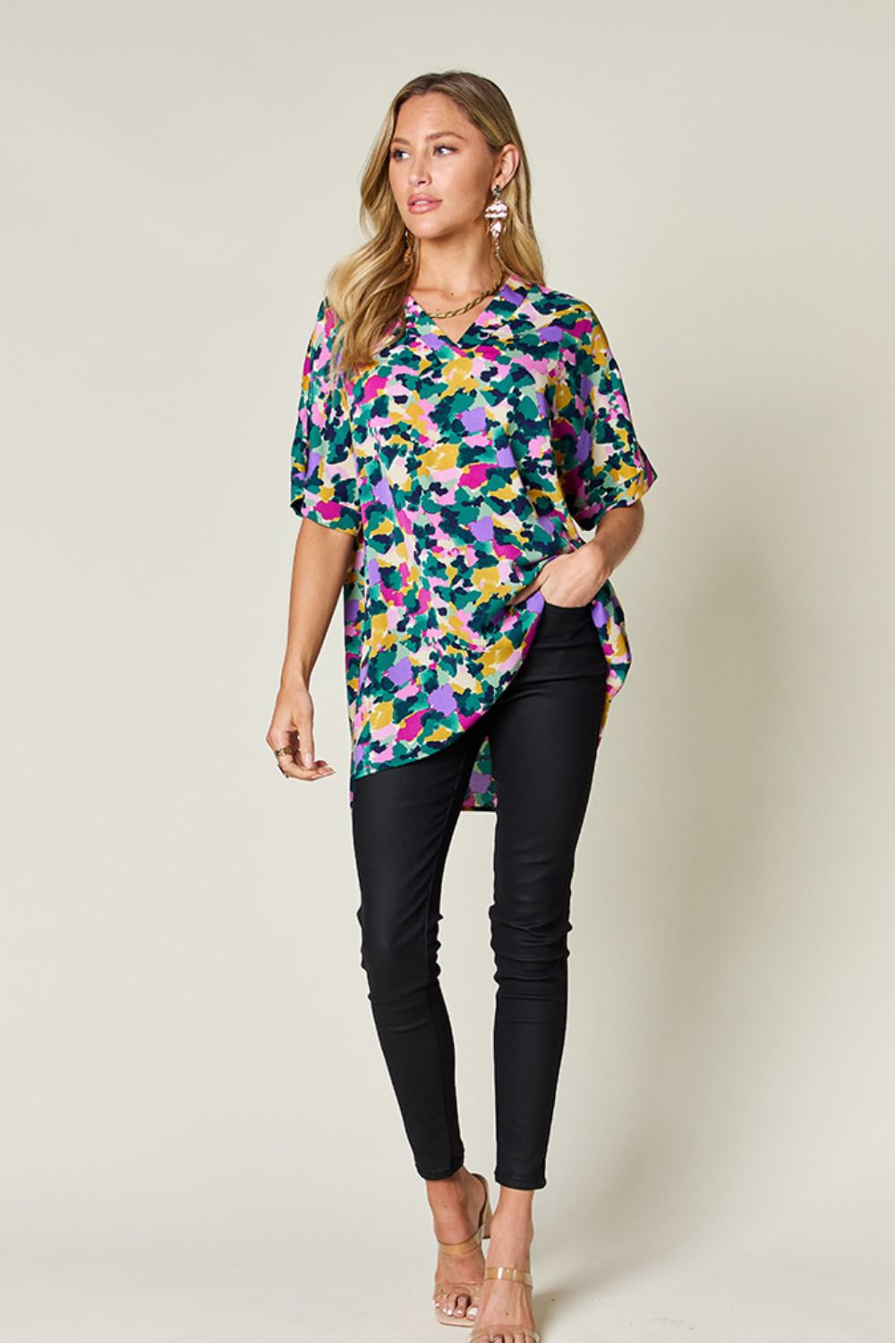 Double Take Full Size Printed V - Neck Short Sleeve Side Slit Top - Bella Blue Styles