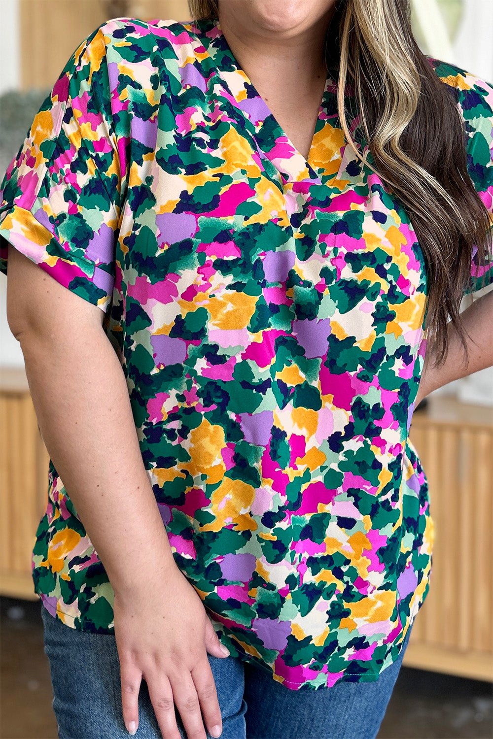 Double Take Full Size Printed V - Neck Short Sleeve Side Slit Top - Bella Blue Styles