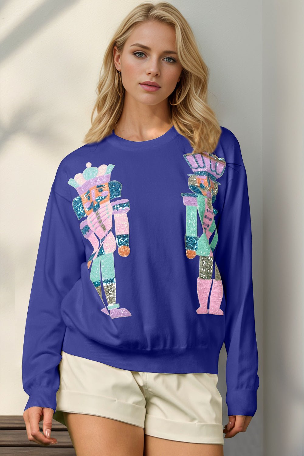 Double Take Full Size Sequin Nutcracker Long Sleeve Sweater - Bella Blue Styles