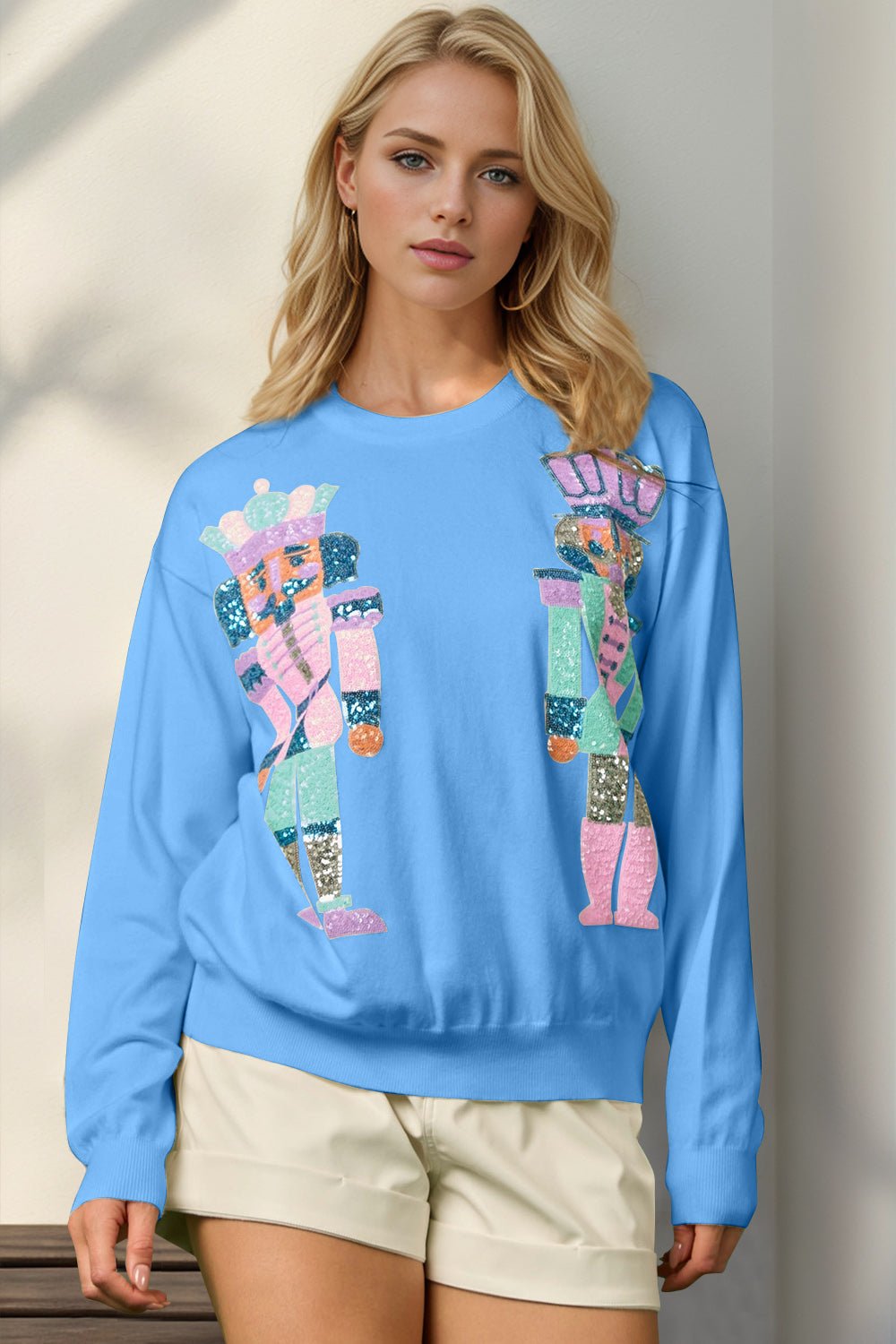 Double Take Full Size Sequin Nutcracker Long Sleeve Sweater - Bella Blue Styles