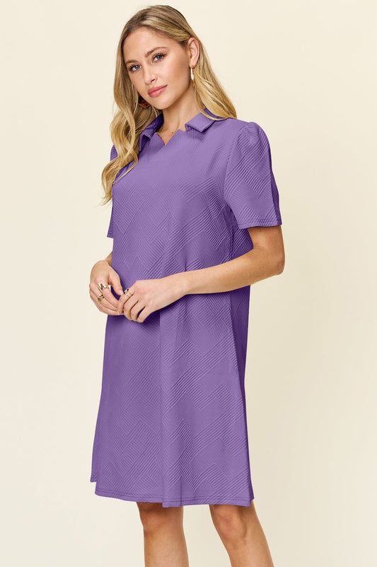 Double Take Full Size Texture Collared Neck Short Sleeve Dress - Bella Blue Styles