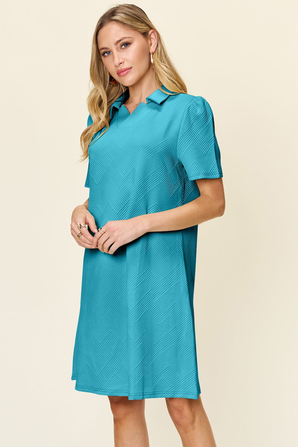 Double Take Full Size Texture Collared Neck Short Sleeve Dress - Bella Blue Styles