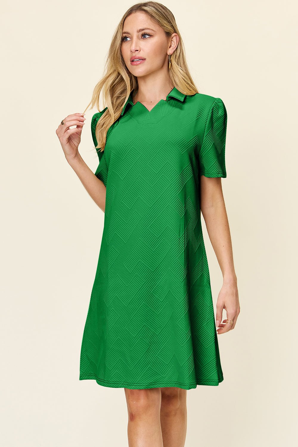 Double Take Full Size Texture Collared Neck Short Sleeve Dress - Bella Blue Styles