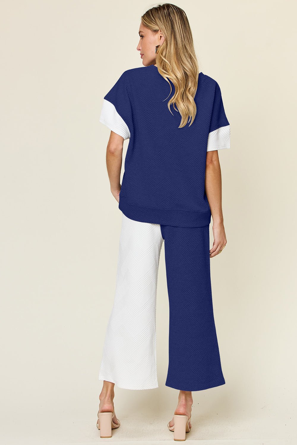 Double Take Full Size Texture Contrast T-Shirt and Wide Leg Pants Set - Bella Blue Styles