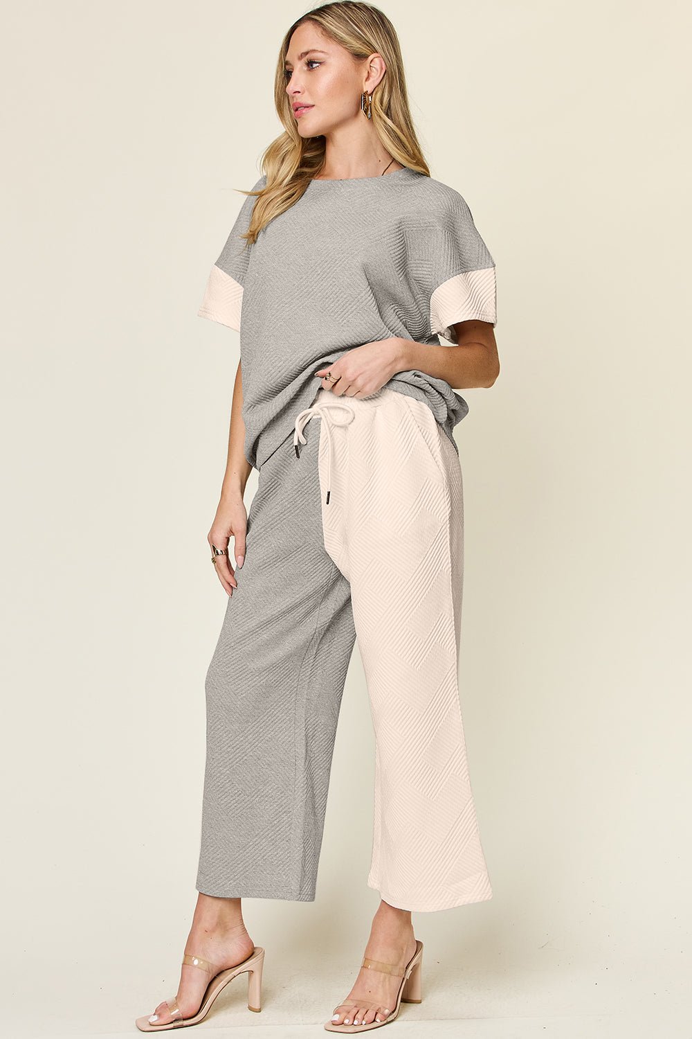 Double Take Full Size Texture Contrast T-Shirt and Wide Leg Pants Set - Bella Blue Styles