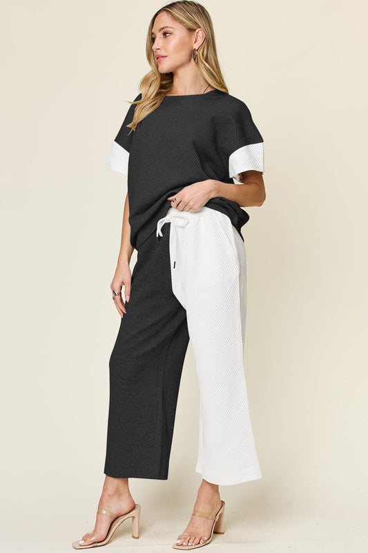 Double Take Full Size Texture Contrast T-Shirt and Wide Leg Pants Set - Bella Blue Styles