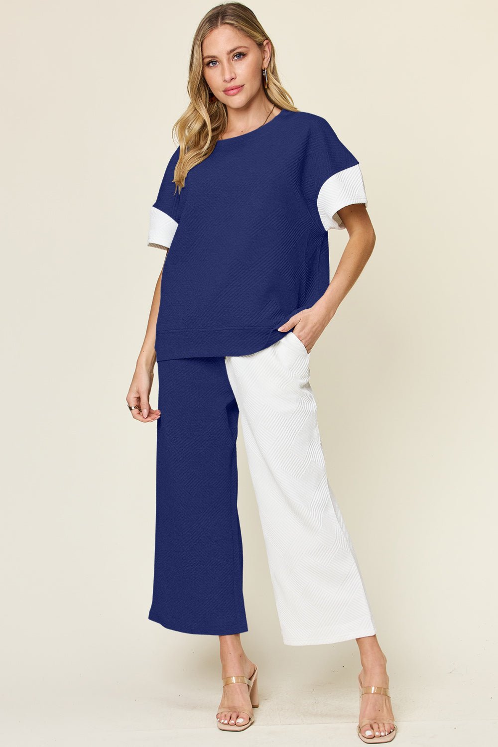 Double Take Full Size Texture Contrast T-Shirt and Wide Leg Pants Set - Bella Blue Styles