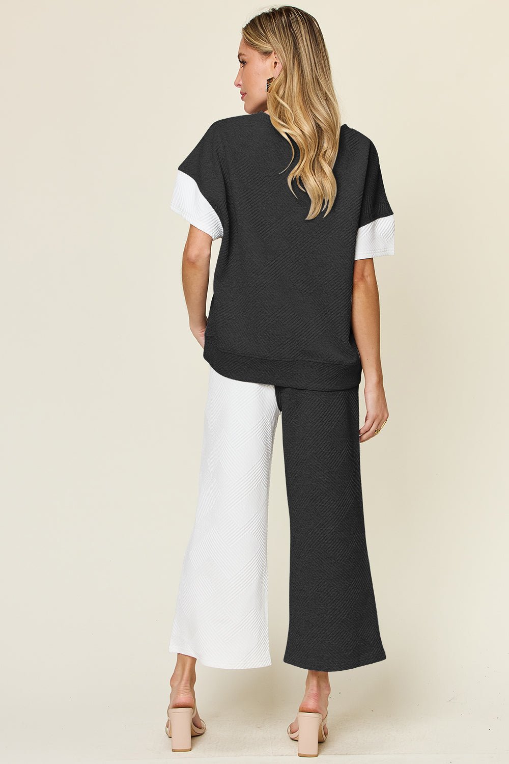 Double Take Full Size Texture Contrast T-Shirt and Wide Leg Pants Set - Bella Blue Styles