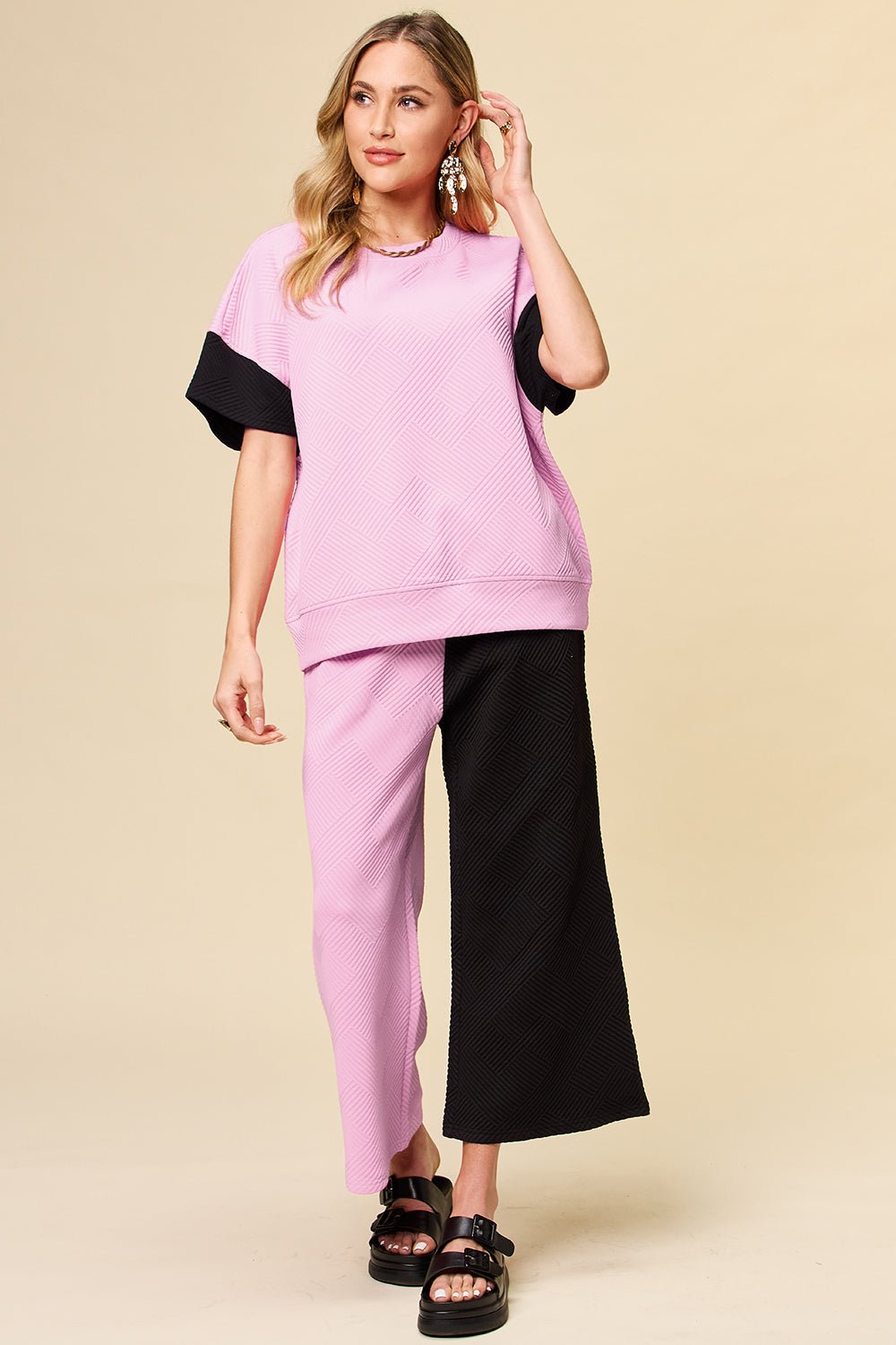 Double Take Full Size Texture Contrast T-Shirt and Wide Leg Pants Set - Bella Blue Styles