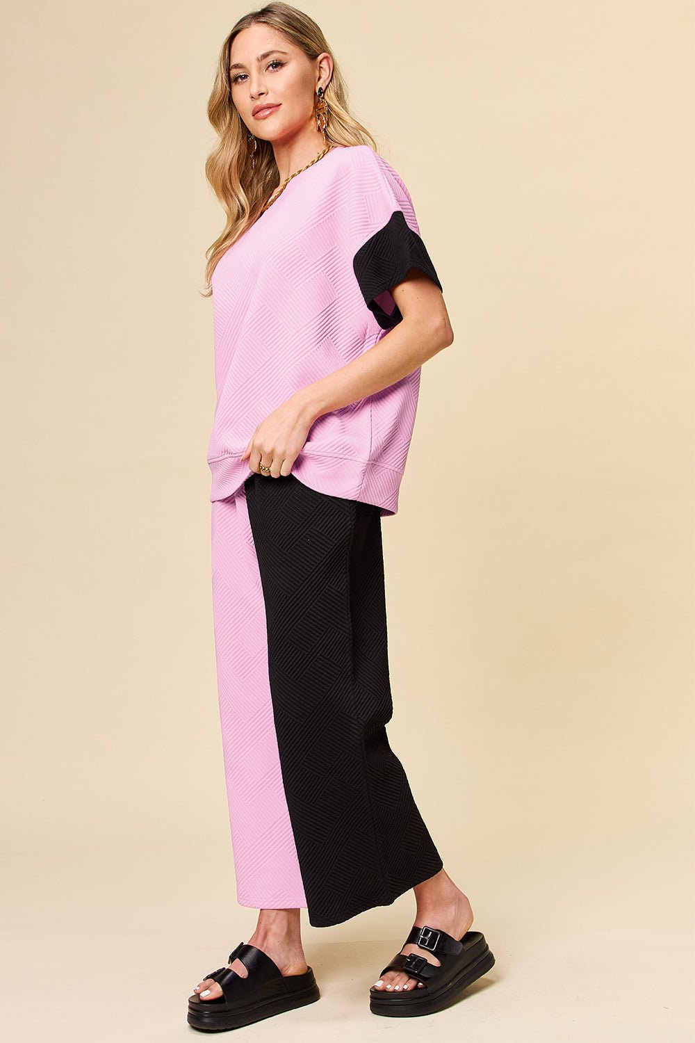 Double Take Full Size Texture Contrast T-Shirt and Wide Leg Pants Set - Bella Blue Styles