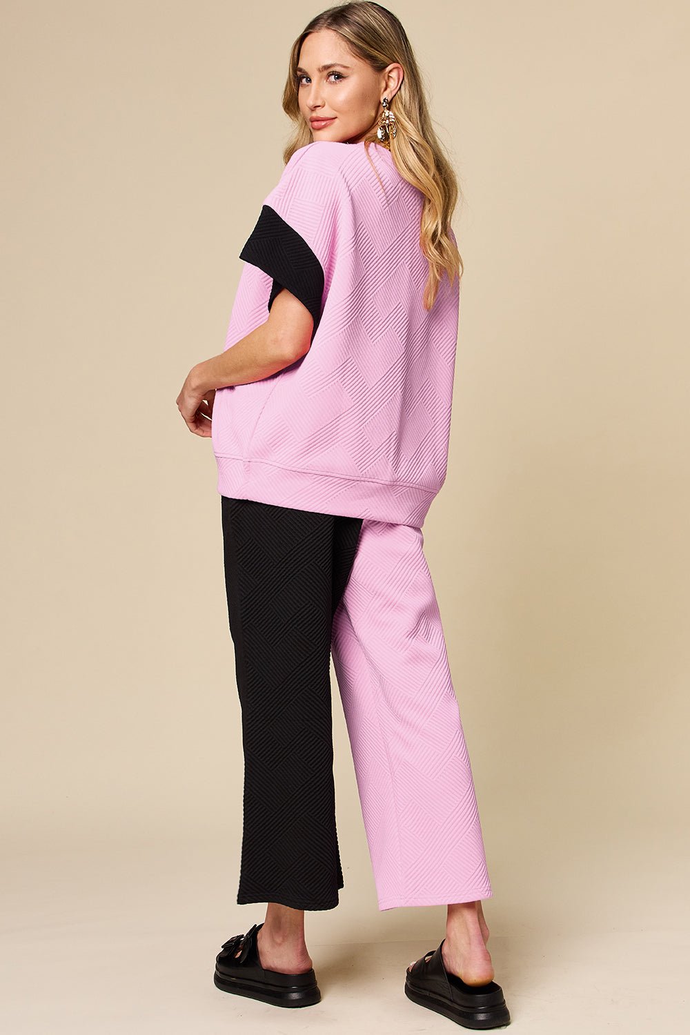 Double Take Full Size Texture Contrast T-Shirt and Wide Leg Pants Set - Bella Blue Styles