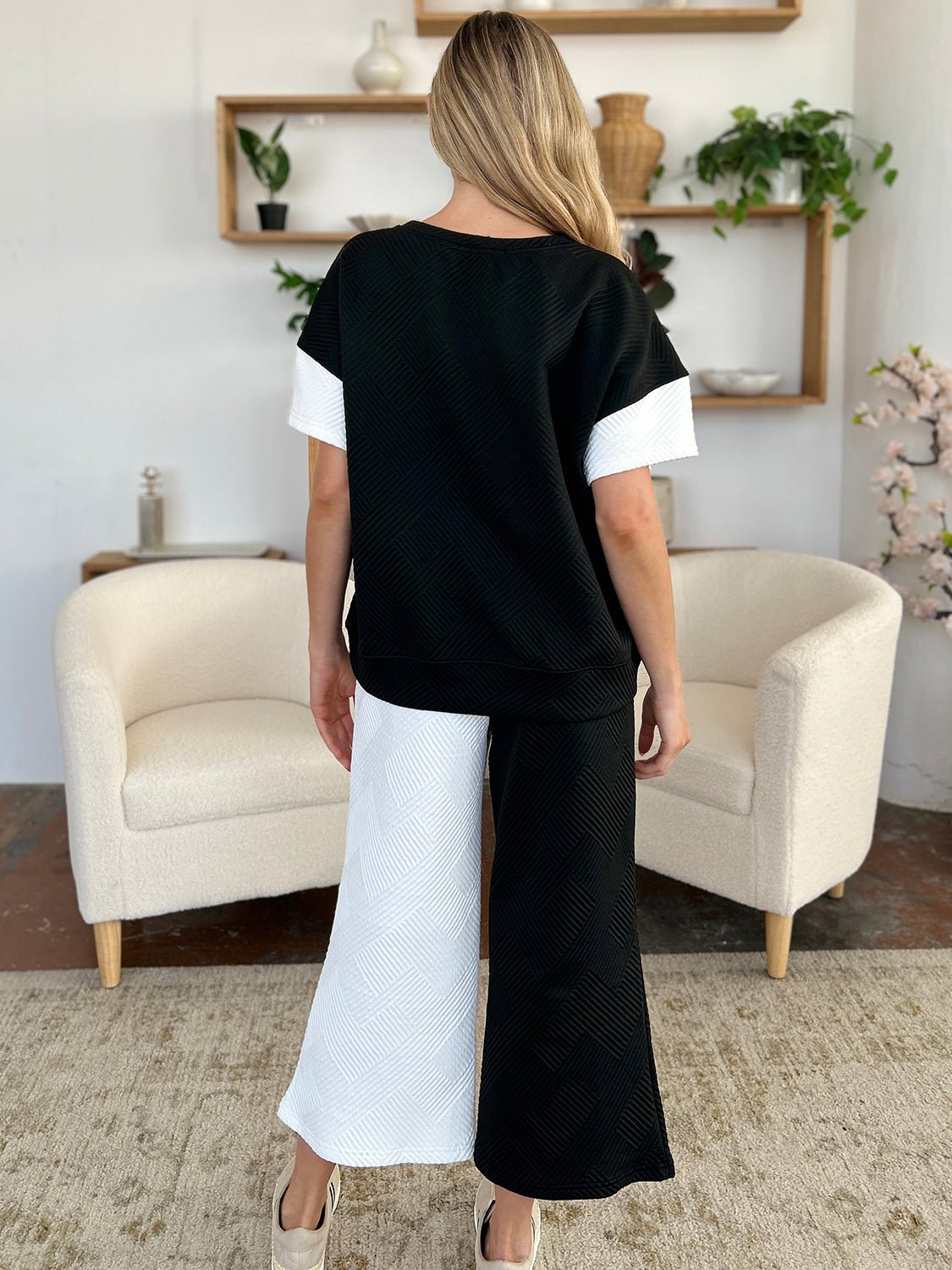 Double Take Full Size Texture Contrast T-Shirt and Wide Leg Pants Set - Bella Blue Styles