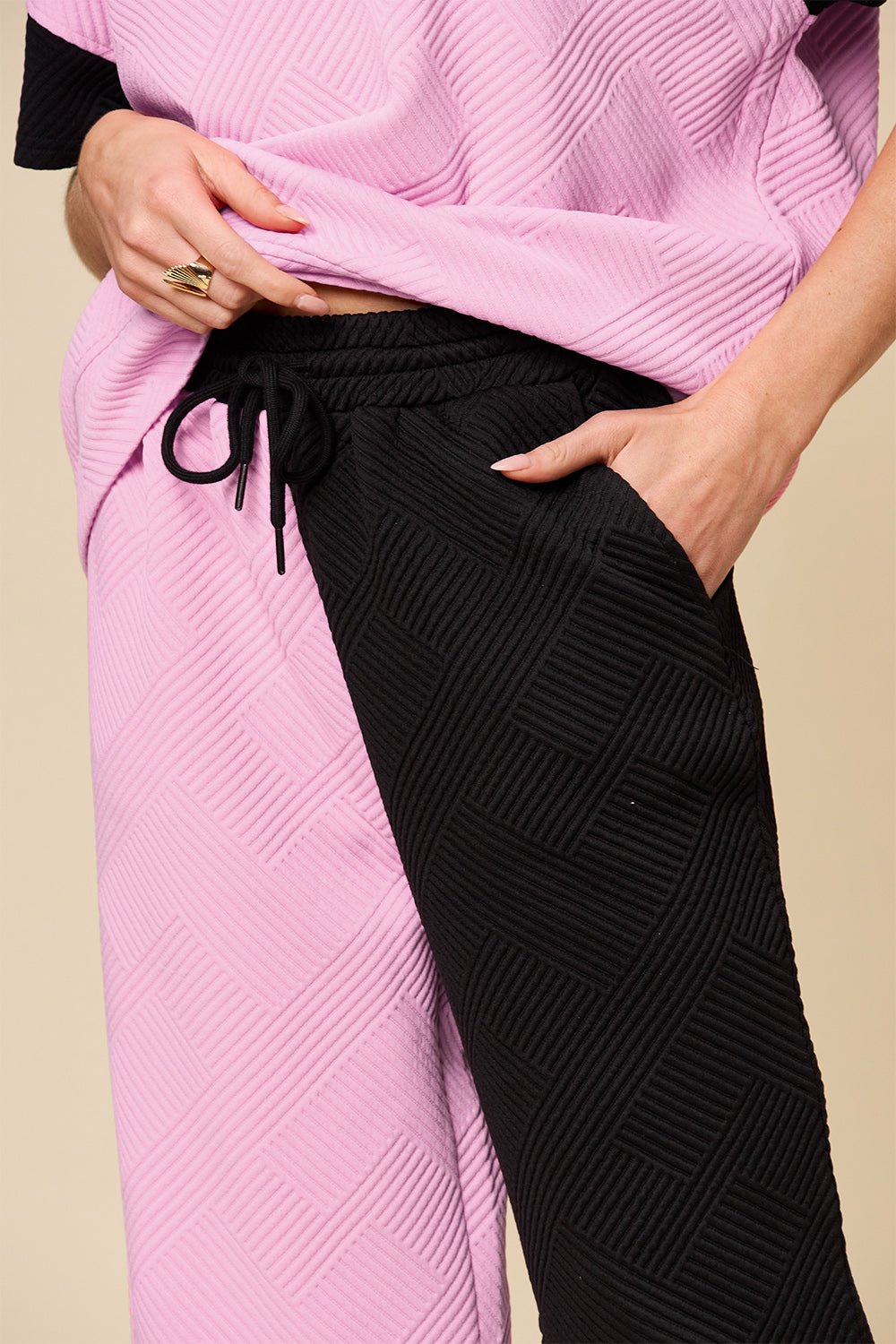 Double Take Full Size Texture Contrast T-Shirt and Wide Leg Pants Set - Bella Blue Styles