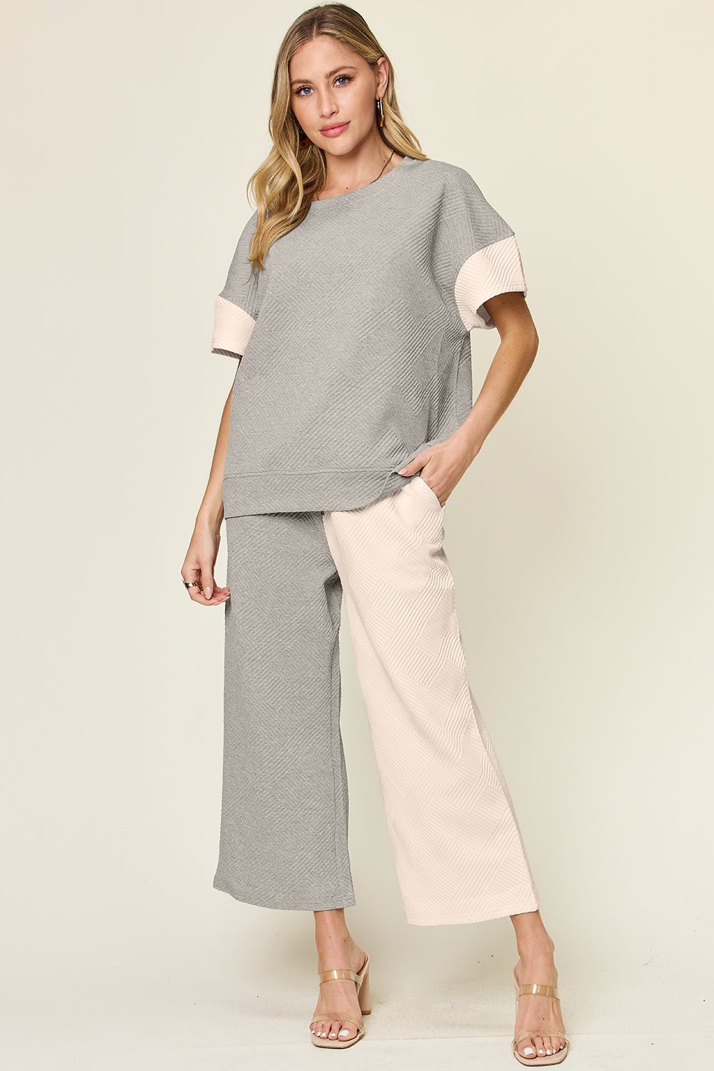 Double Take Full Size Texture Contrast T-Shirt and Wide Leg Pants Set - Bella Blue Styles