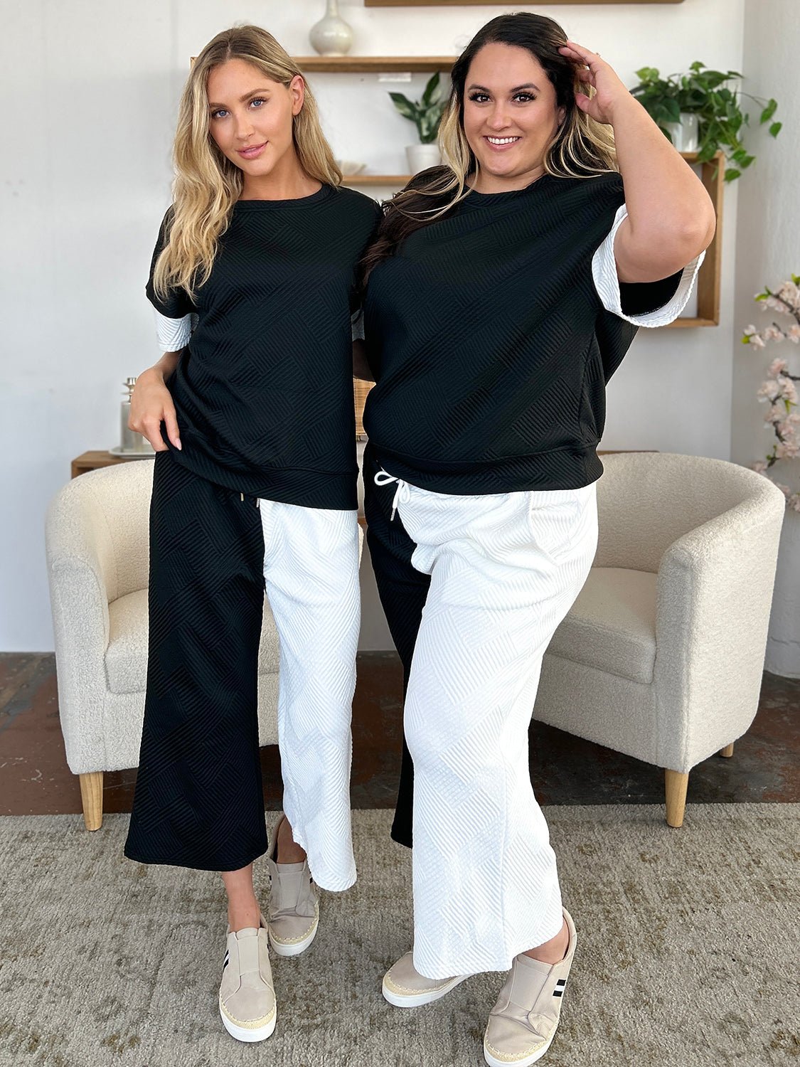 Double Take Full Size Texture Contrast T-Shirt and Wide Leg Pants Set - Bella Blue Styles