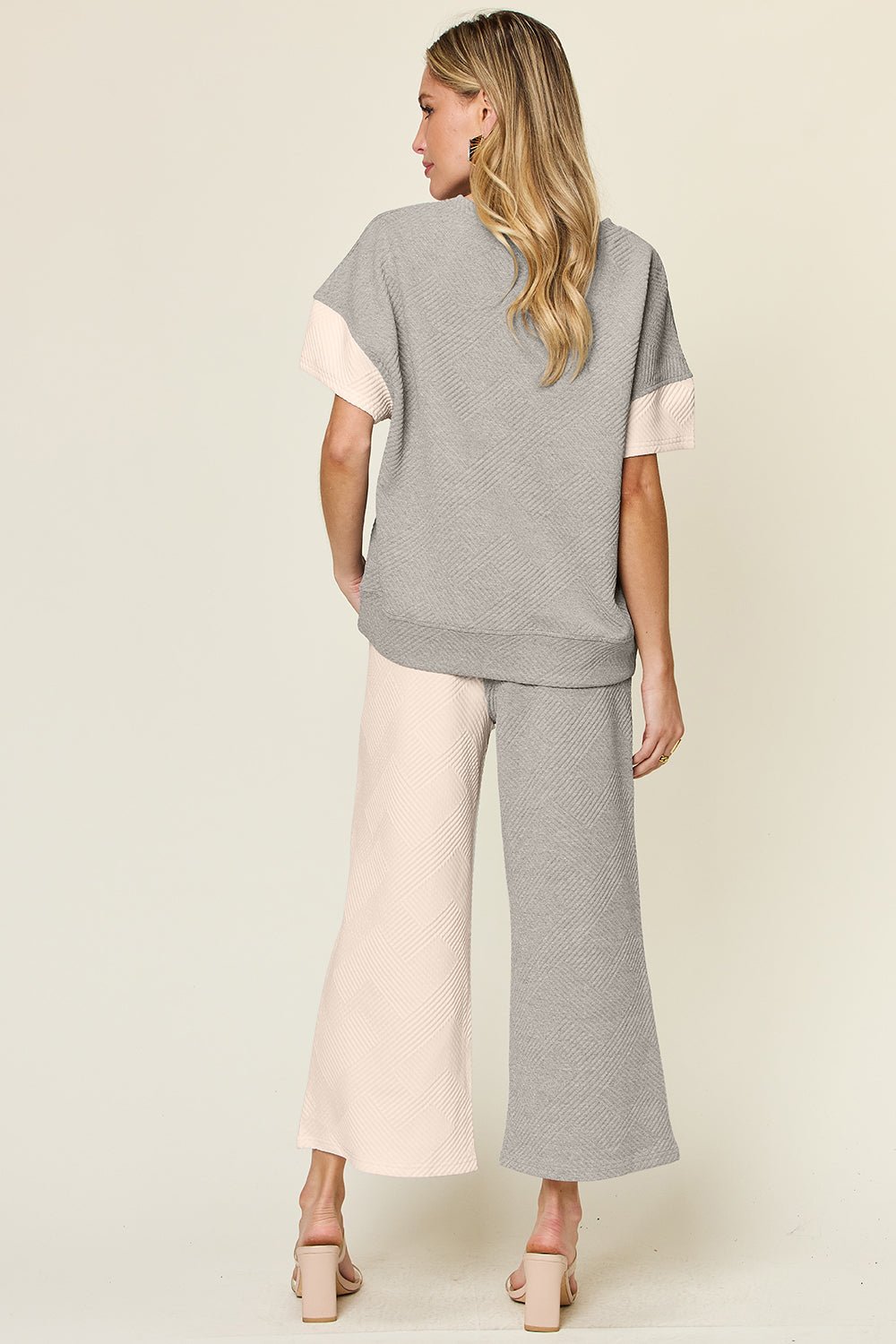 Double Take Full Size Texture Contrast T-Shirt and Wide Leg Pants Set - Bella Blue Styles