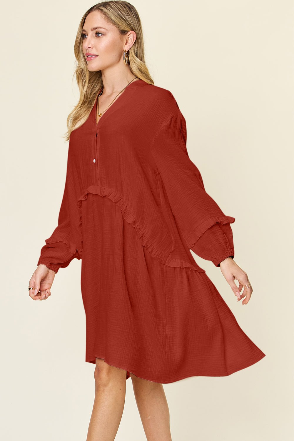 Double Take Full Size Texture Half Button Ruffle Trim Dress - Bella Blue Styles