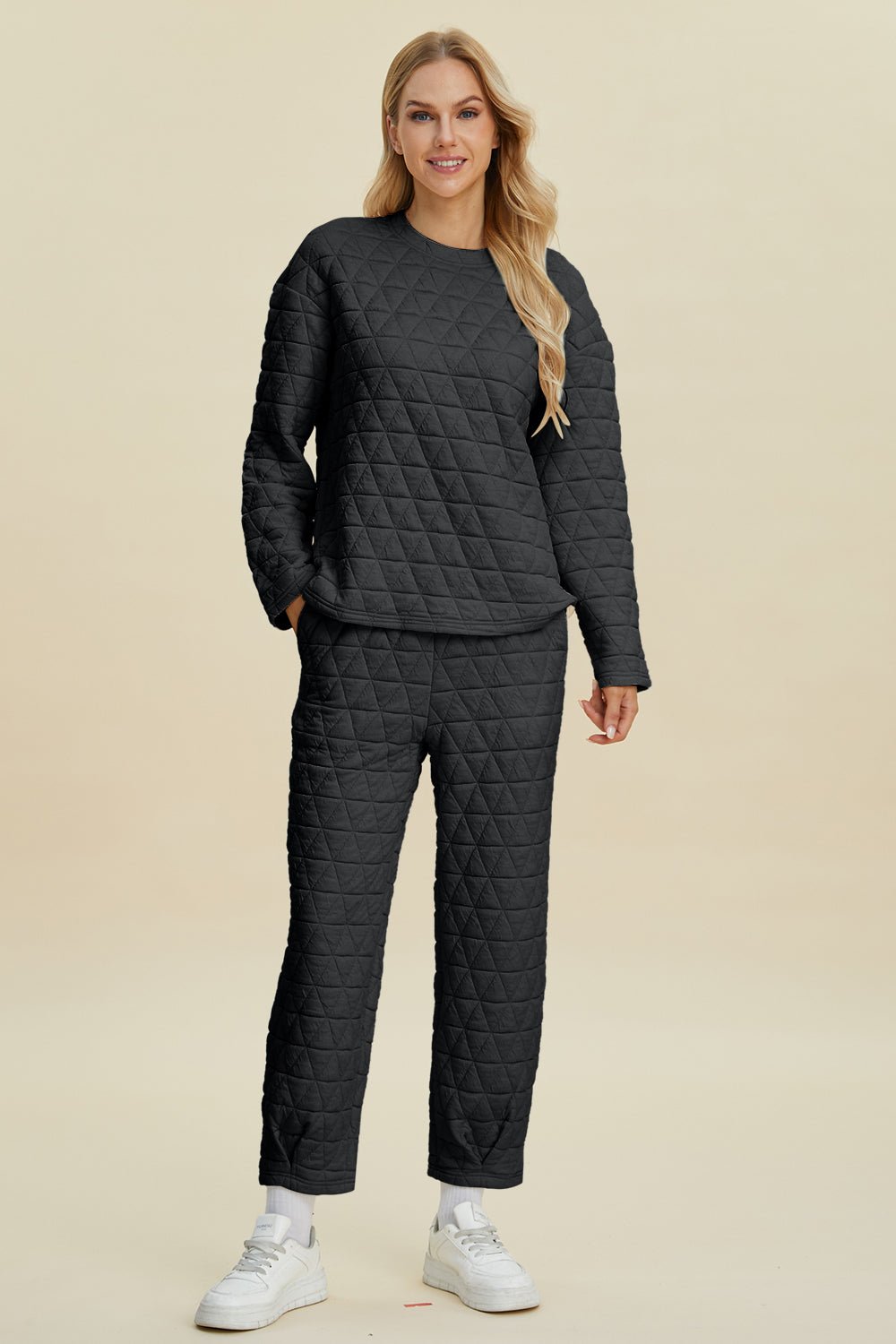 Double Take Full Size Texture Round Neck Long Sleeve Top and Pants Set - Bella Blue Styles