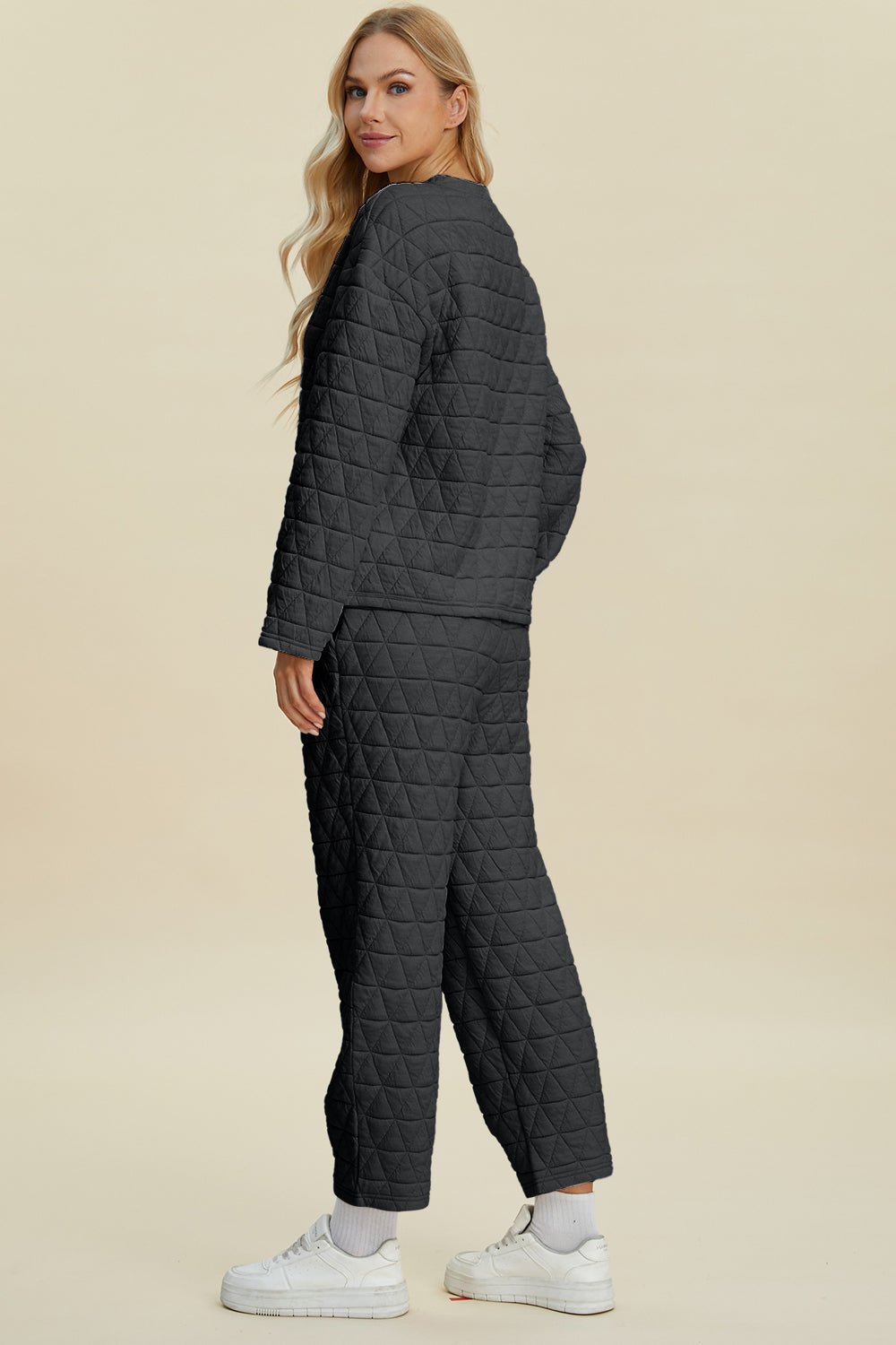 Double Take Full Size Texture Round Neck Long Sleeve Top and Pants Set - Bella Blue Styles