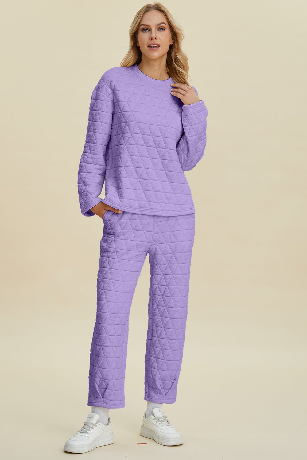 Double Take Full Size Texture Round Neck Long Sleeve Top and Pants Set - Bella Blue Styles