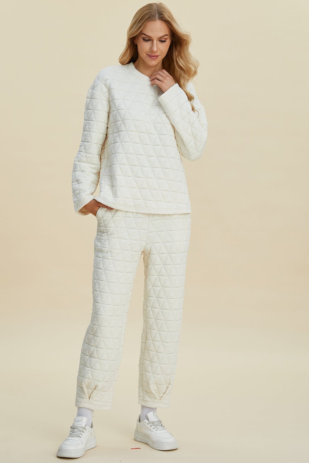 Double Take Full Size Texture Round Neck Long Sleeve Top and Pants Set - Bella Blue Styles