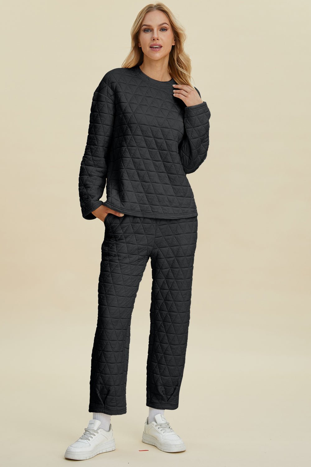 Double Take Full Size Texture Round Neck Long Sleeve Top and Pants Set - Bella Blue Styles