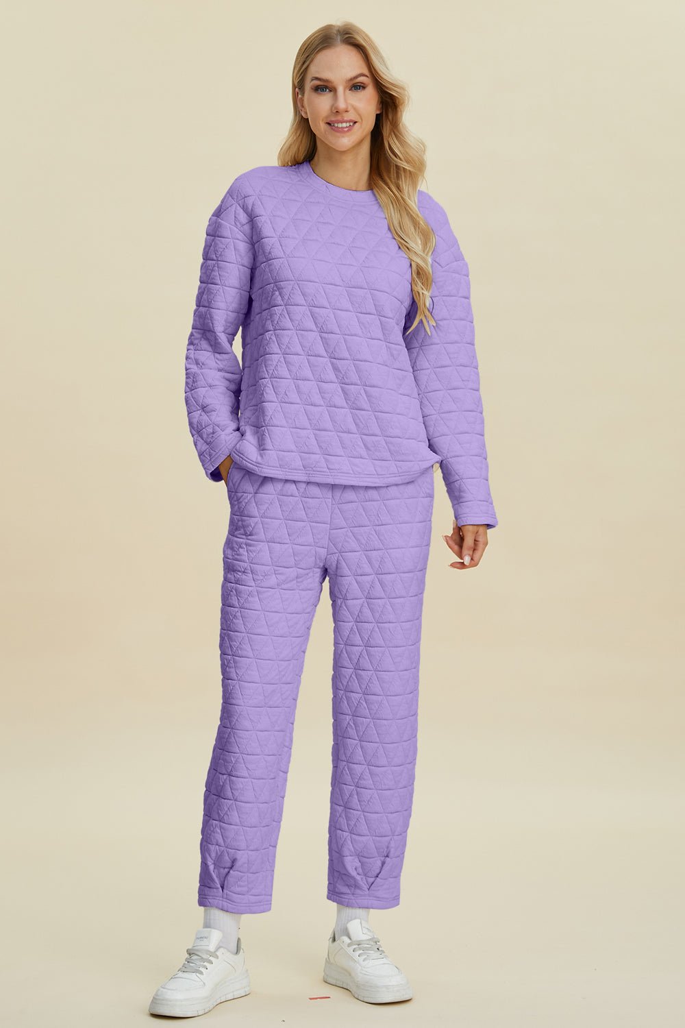 Double Take Full Size Texture Round Neck Long Sleeve Top and Pants Set - Bella Blue Styles