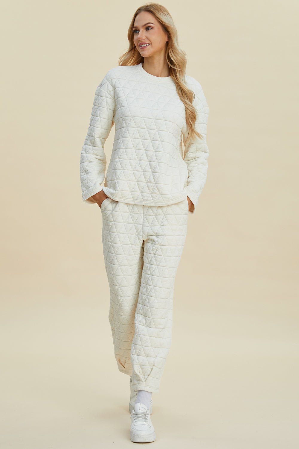 Double Take Full Size Texture Round Neck Long Sleeve Top and Pants Set - Bella Blue Styles