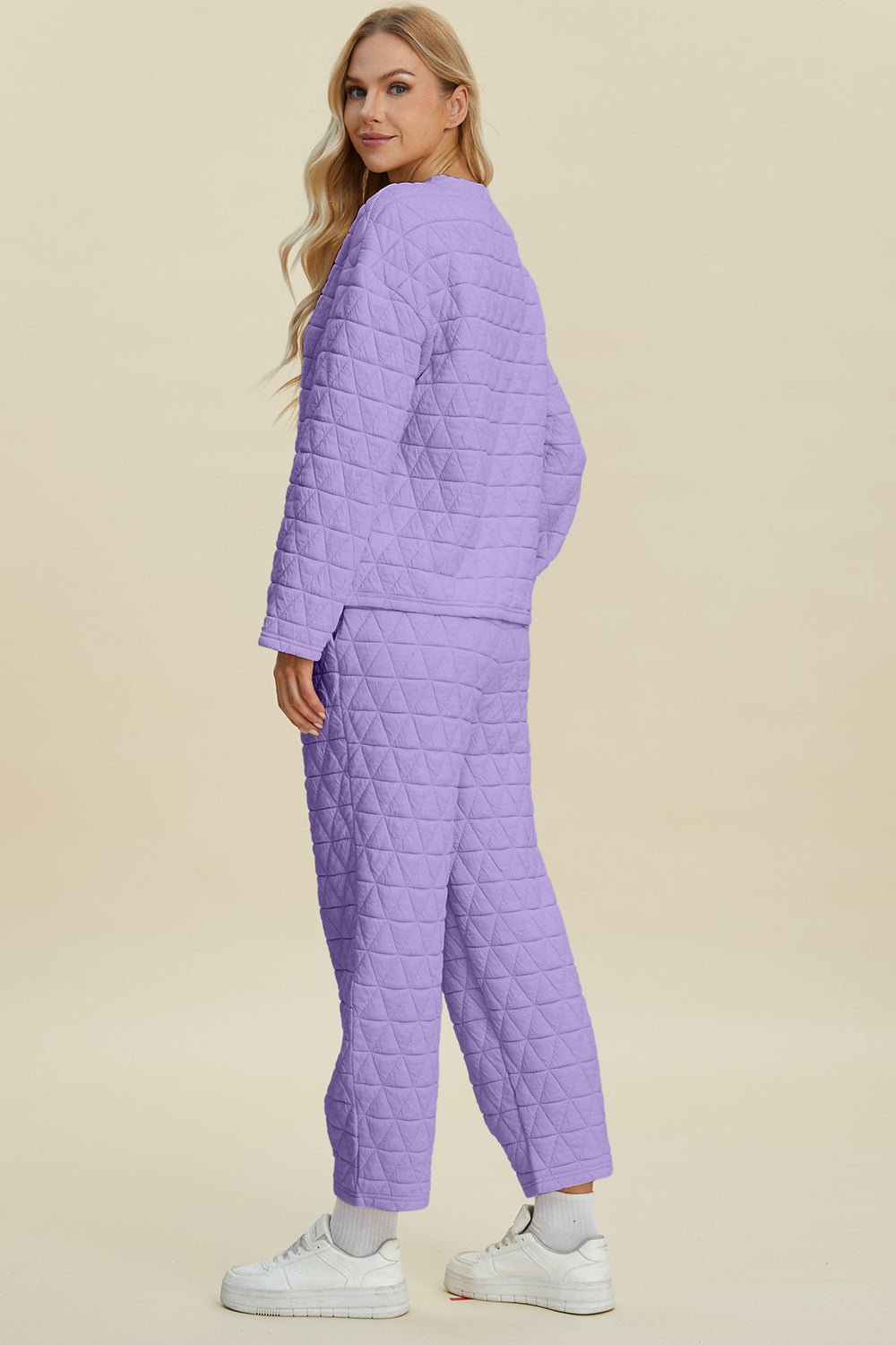 Double Take Full Size Texture Round Neck Long Sleeve Top and Pants Set - Bella Blue Styles