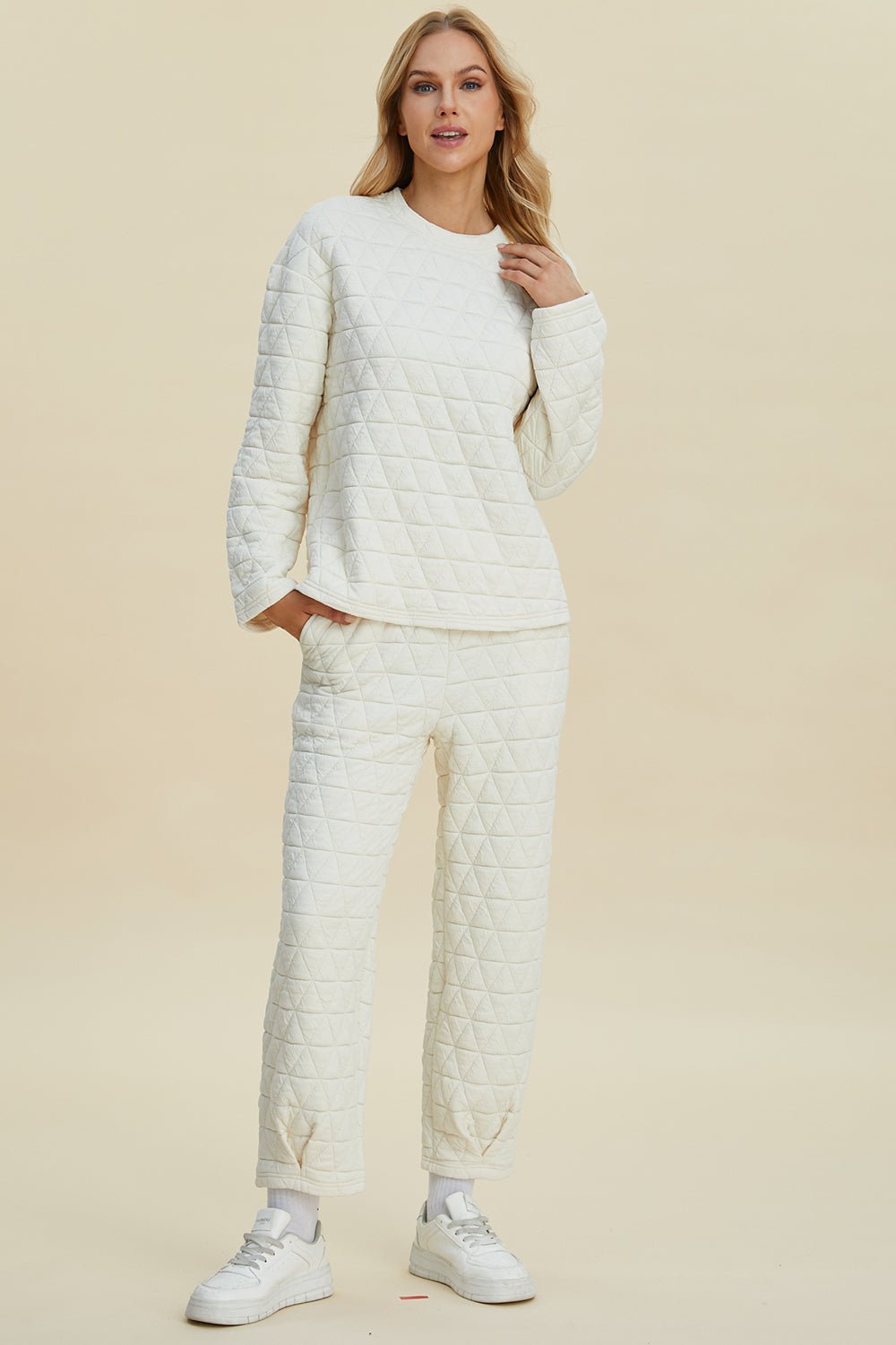 Double Take Full Size Texture Round Neck Long Sleeve Top and Pants Set - Bella Blue Styles